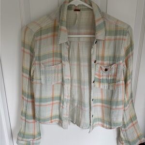 Free People Pastel Plaid Button-Up Jean Jacket